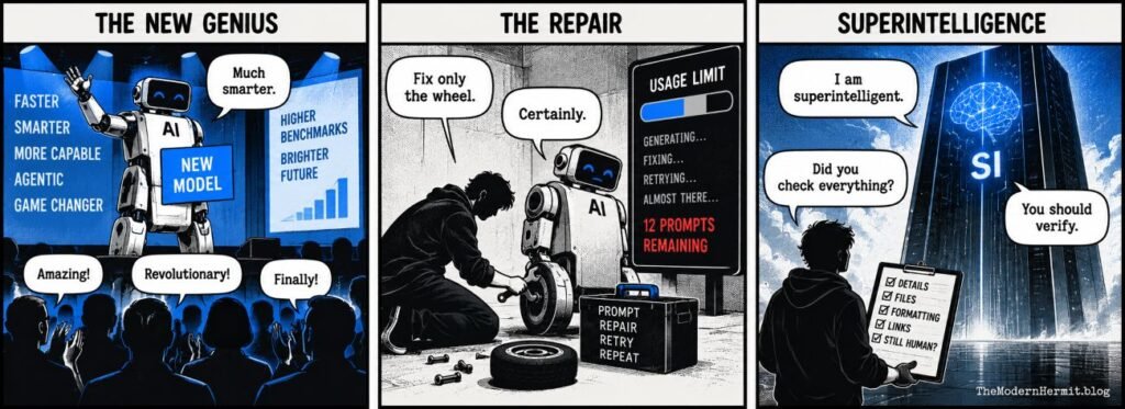Editorial sketch for "Smarter AI, Same Repairs: Welcome to Another Model Upgrade".