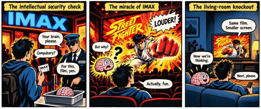 Editorial sketch for "Street Fighter (2026): IMAX Wins, Common Sense Taps Out".