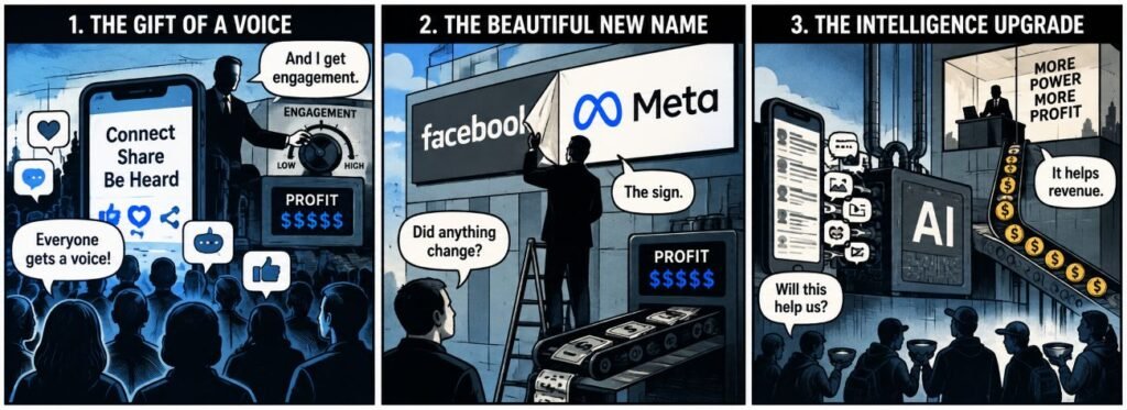 Editorial sketch for "The Social Reckoning: New Name, Same Old Profit Machine".
