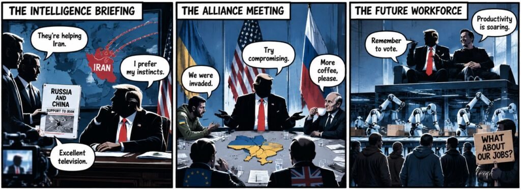 Editorial sketch for "Trump’s America: Strong Against Allies, Soft on Autocrats".