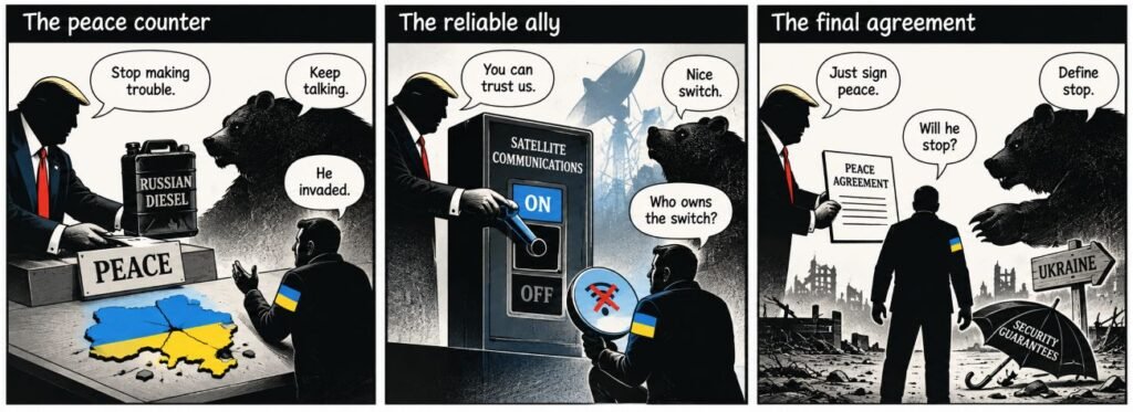 Editorial sketch for "Ukraine Won’t Surrender, So Trump Blames the Victim Again".