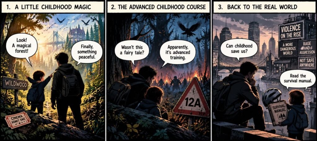 Three comic panels show an adult and child entering a forest, sheltering behind a tree near a 12A warning sign, and leaving the forest. In the final panel, the child hands the adult a helmet and a book.